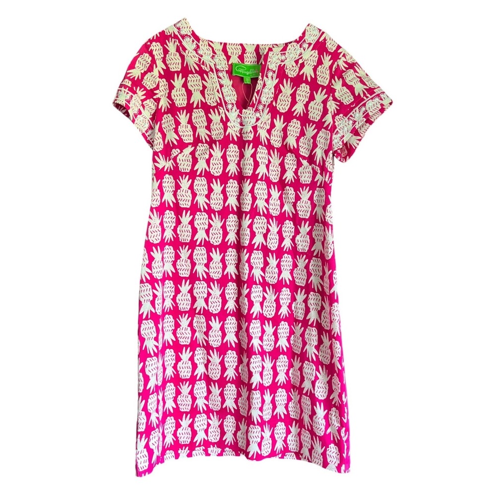 Pappagallo Pink Pineapple Embroidered Shift Dress Womens 10 Tropical Summer